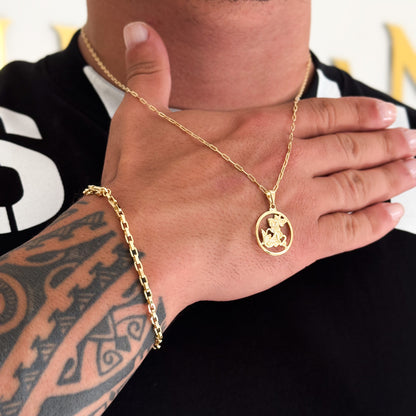 Colar Medalha de São Jorge Vazado - Corrente Cadeado Alongado e Pulseira Veneziana Banhado A Ouro 18k