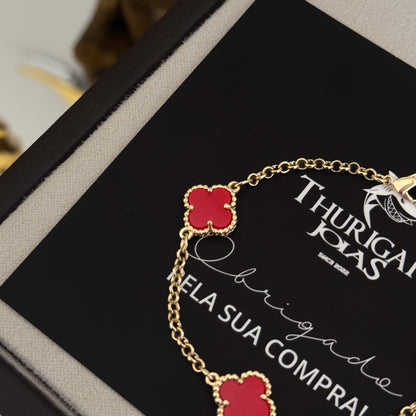 Pulseira Elo Português 2mm Trevo Rubi  Banhado A Ouro 18k