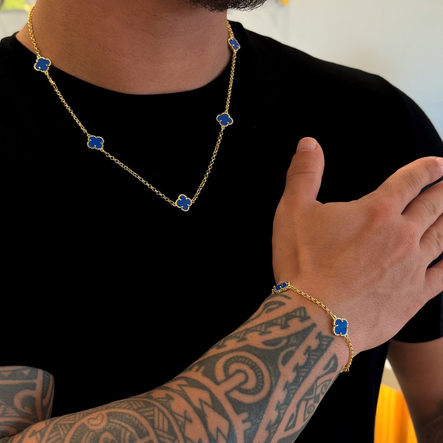 Kit Corrente e Pulseira Elo Português 2mm Trevo Topázio Banhado A Ouro 18k