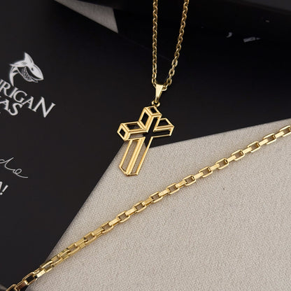 Colar Crucifixo 3D - Corrente Cadeado e Pulseira Veneziana Banhado A Ouro 18k