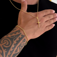 Colar Crucifixo Palito P - Corrente Cadeado e Pulseira Grumet Cuban Banhado A Ouro 18k