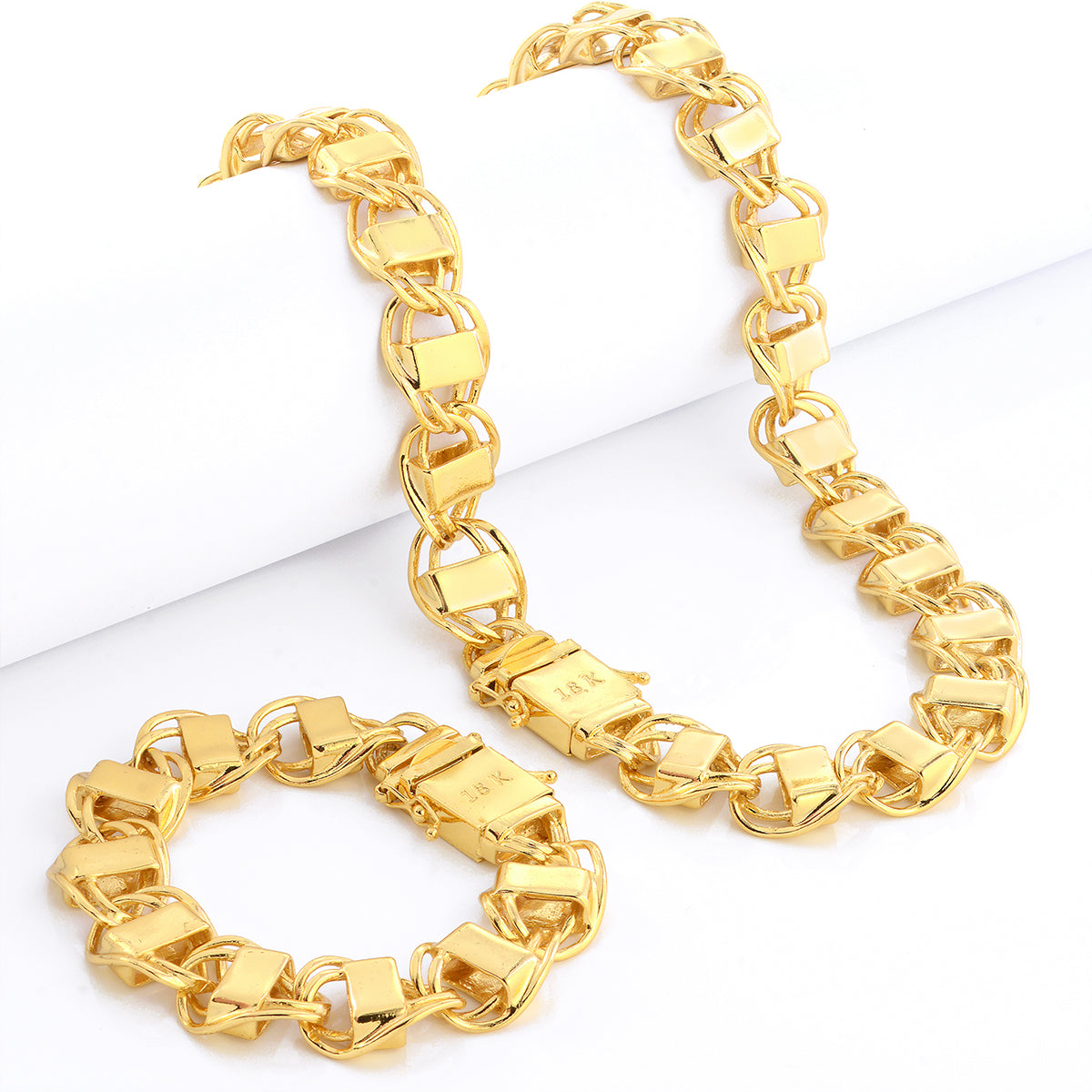 Kit Corrente e Pulseira Dubai 16mm Fecho Duplo Banhado A Ouro 18k