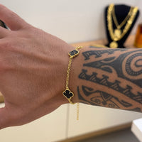 Kit Corrente e Pulseira Elo Português 2mm Trevo Ônix Banhado A Ouro 18k