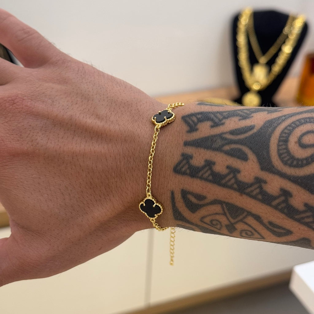 Kit Corrente e Pulseira Elo Português 2mm Trevo Ônix Banhado A Ouro 18k