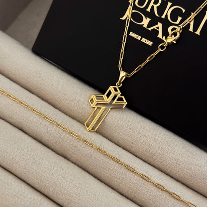 Colar Crucifixo 3D - Corrente e Pulseira Cadeado Alongado Banhado A Ouro 18k
