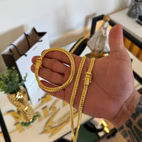Kit Corrente e Pulseira Grumet Flat Detalhada 6mm Fecho Duplo Banhado A Ouro 18k