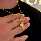 Colar Crucifixo Face De Cristo Cravejado - Corrente Veneziana e Pulseira Cadeado Alongado Banhado A Ouro 18k