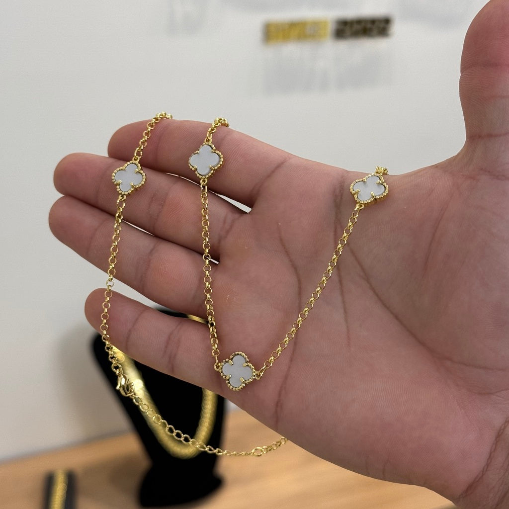Kit Corrente e Pulseira Elo Português 2mm Trevo Safira Banhado A Ouro 18k