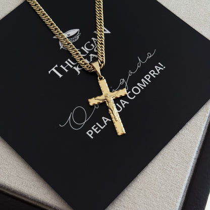 Colar Crucifixo Jesus Na Cruz 3D - Corrente Lacraia Banhado A Ouro 18k