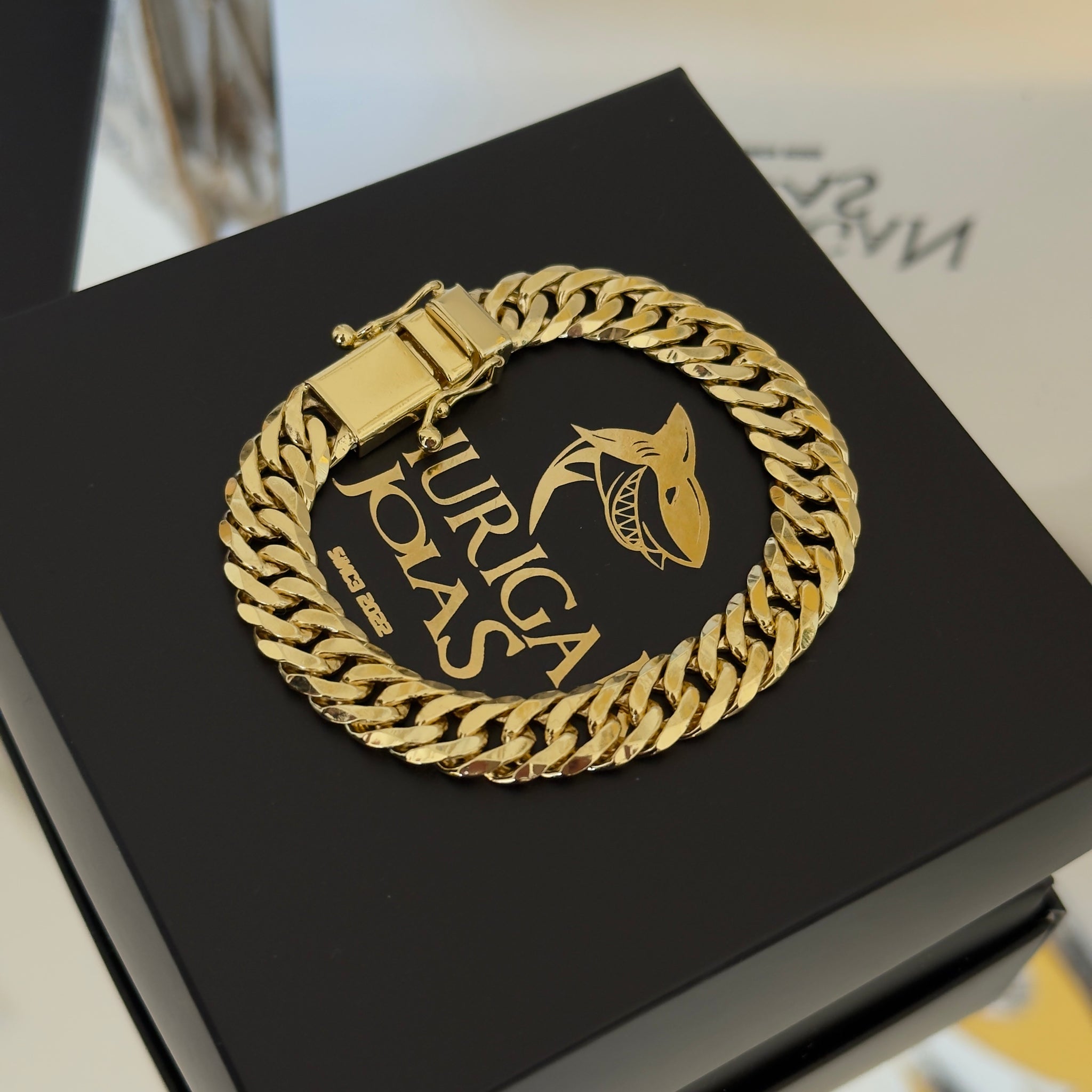 Kit Corrente e Pulseira Lacraia 10mm Fecho Duplo Banhado A Ouro 18k