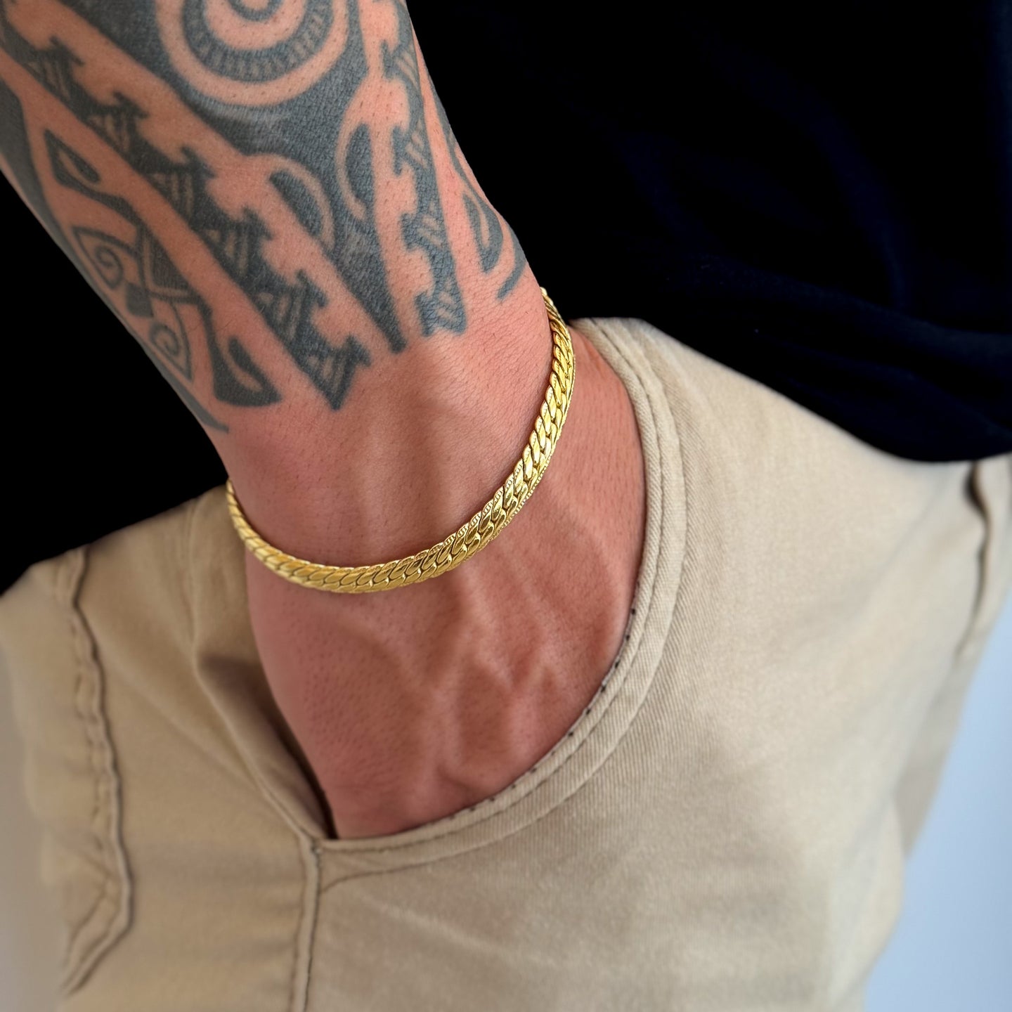 Pulseira Grumet Flat Detalhada 6mm 18gr Fecho Duplo Banhado A Ouro 18k