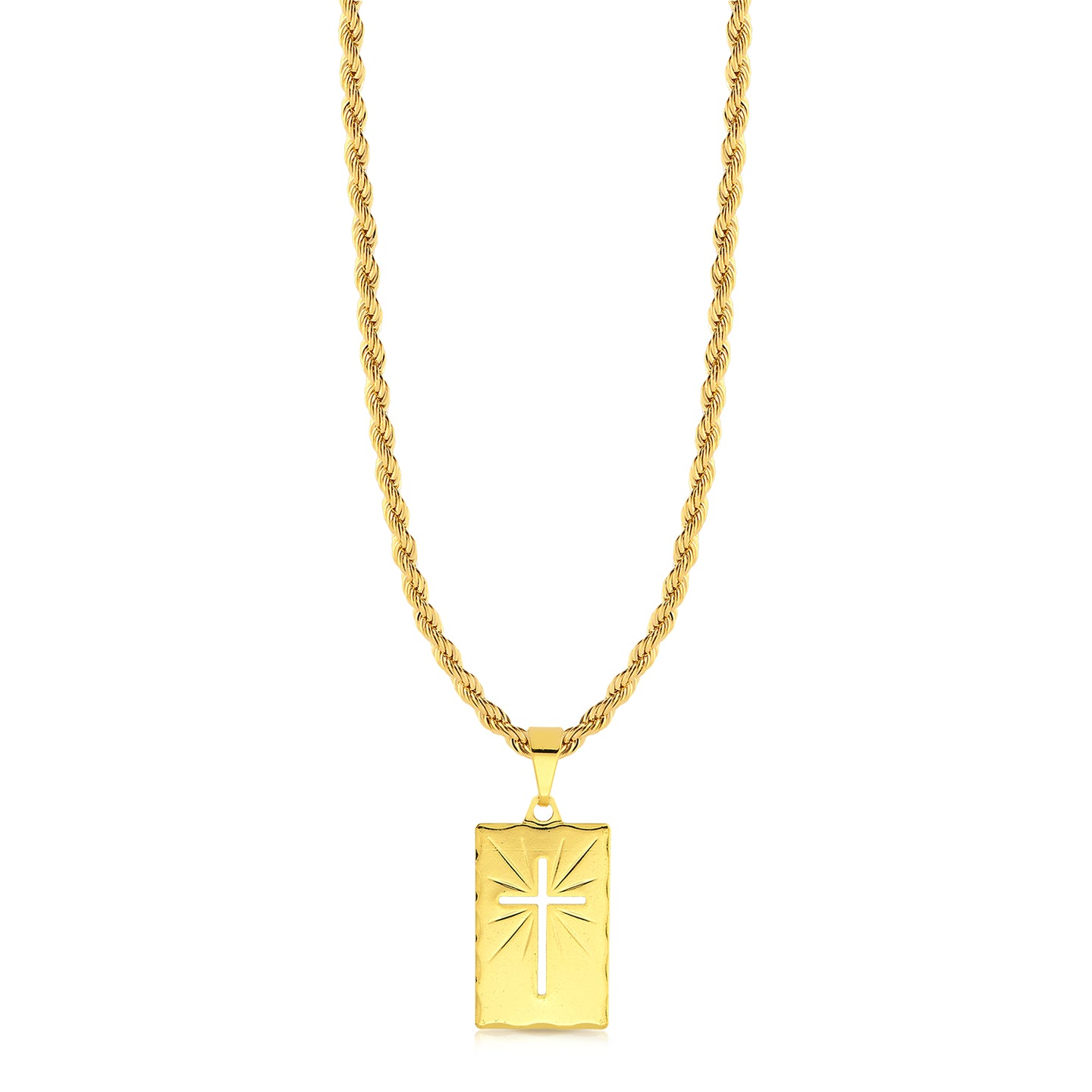 Colar Plaquinha Crucifixo Vazado - Corrente Baiana Banhado A Ouro 18k