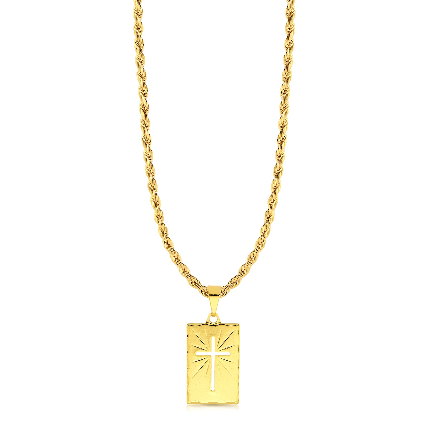 Colar Plaquinha Crucifixo Vazado - Corrente Baiana Banhado A Ouro 18k