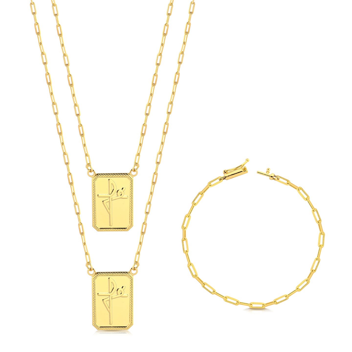Kit Escapulário Cadeado Alongado Fé e Pulseira Cadeado Alongado Banhado A Ouro 18k
