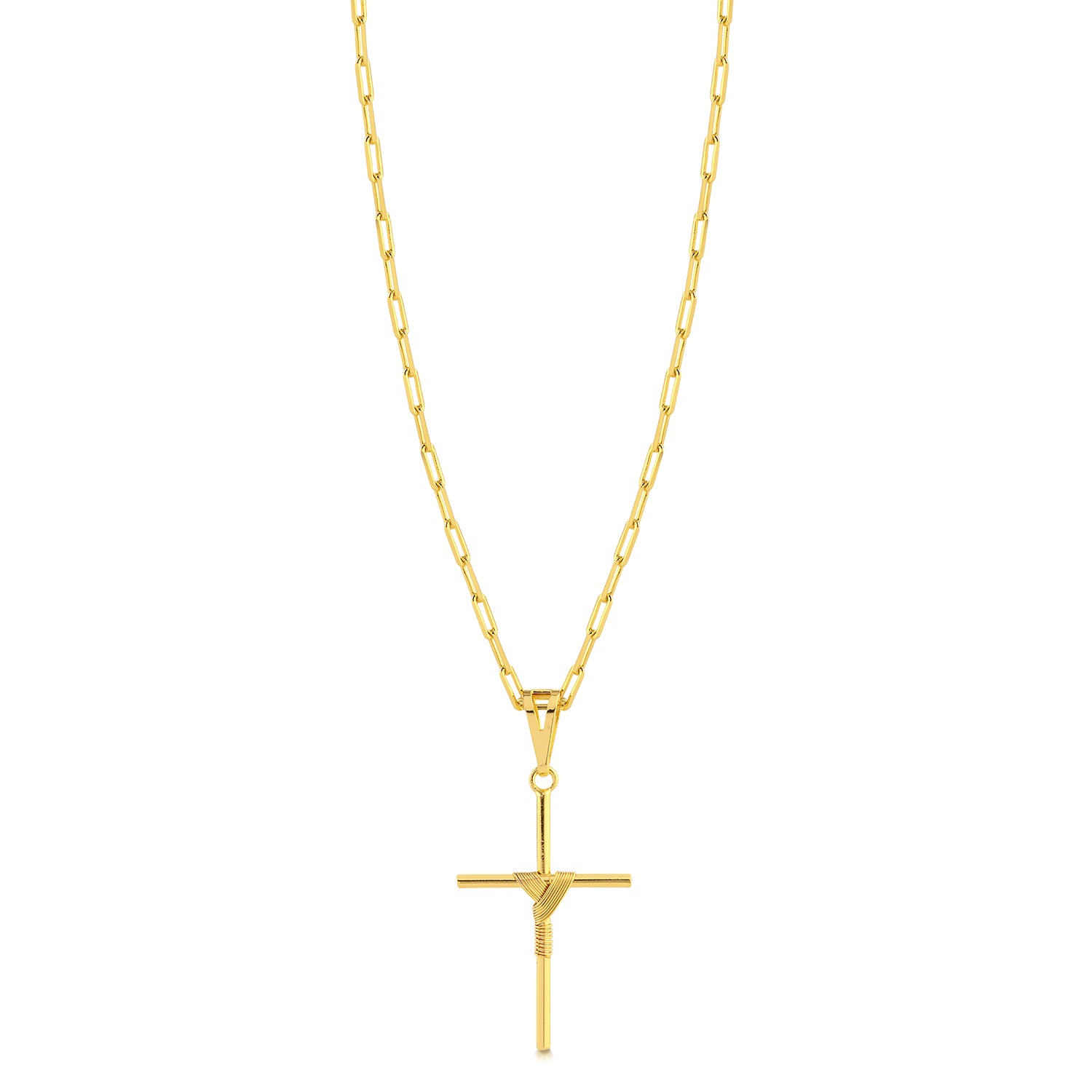 Colar Crucifixo Palito M - Corrente Cadeado Alongado Banhado A Ouro 18k
