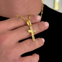 Colar Crucifixo Face De Cristo Cravejado P - Corrente Cadeado Alongado Banhado A Ouro 18k