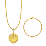 Colar Medalha Rosa Dos Ventos Cravejado P - Corrente e Pulseira Baiana Banhado A Ouro 18k