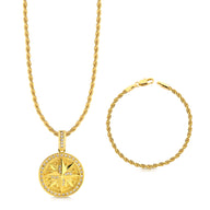 Colar Medalha Rosa Dos Ventos Cravejado P - Corrente e Pulseira Baiana Banhado A Ouro 18k