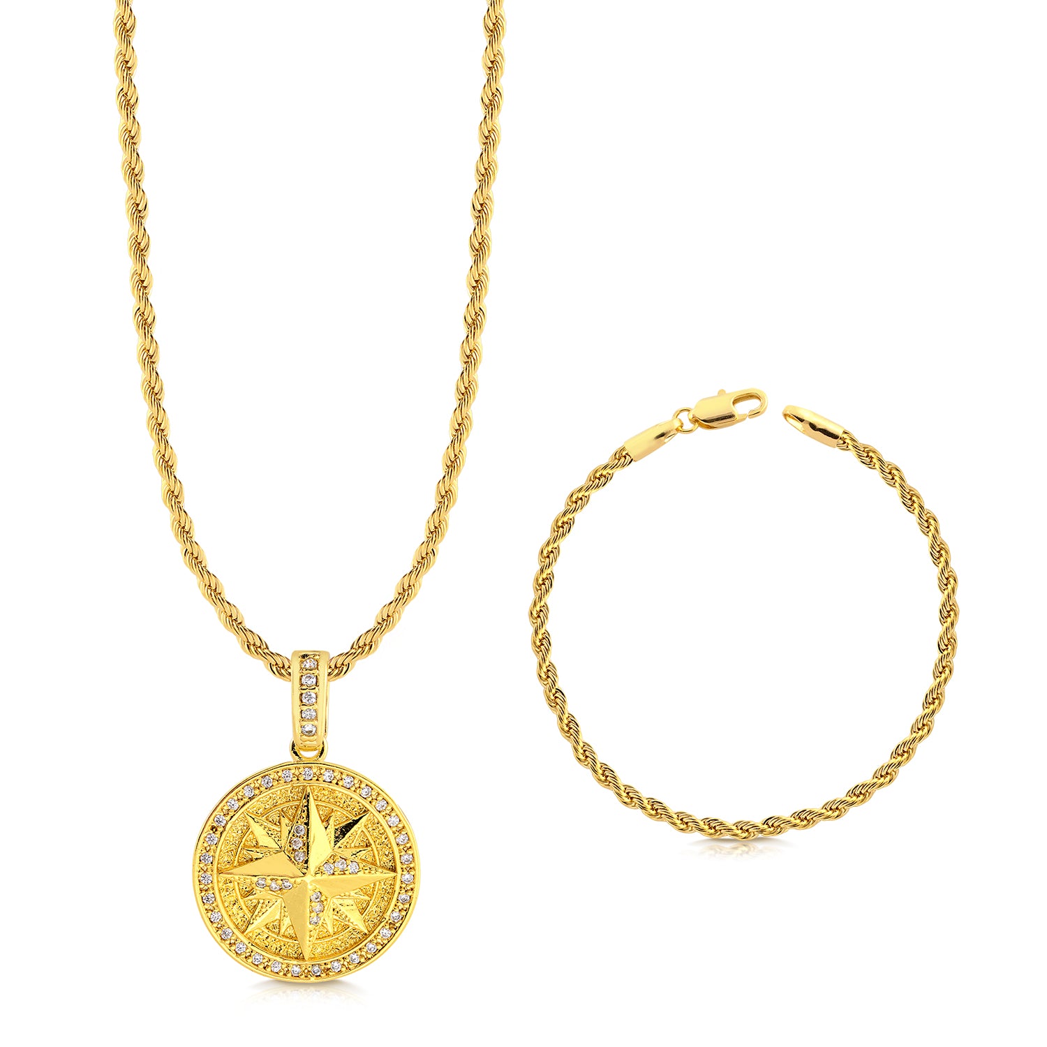 Colar Medalha Rosa Dos Ventos Cravejado P - Corrente e Pulseira Baiana Banhado A Ouro 18k