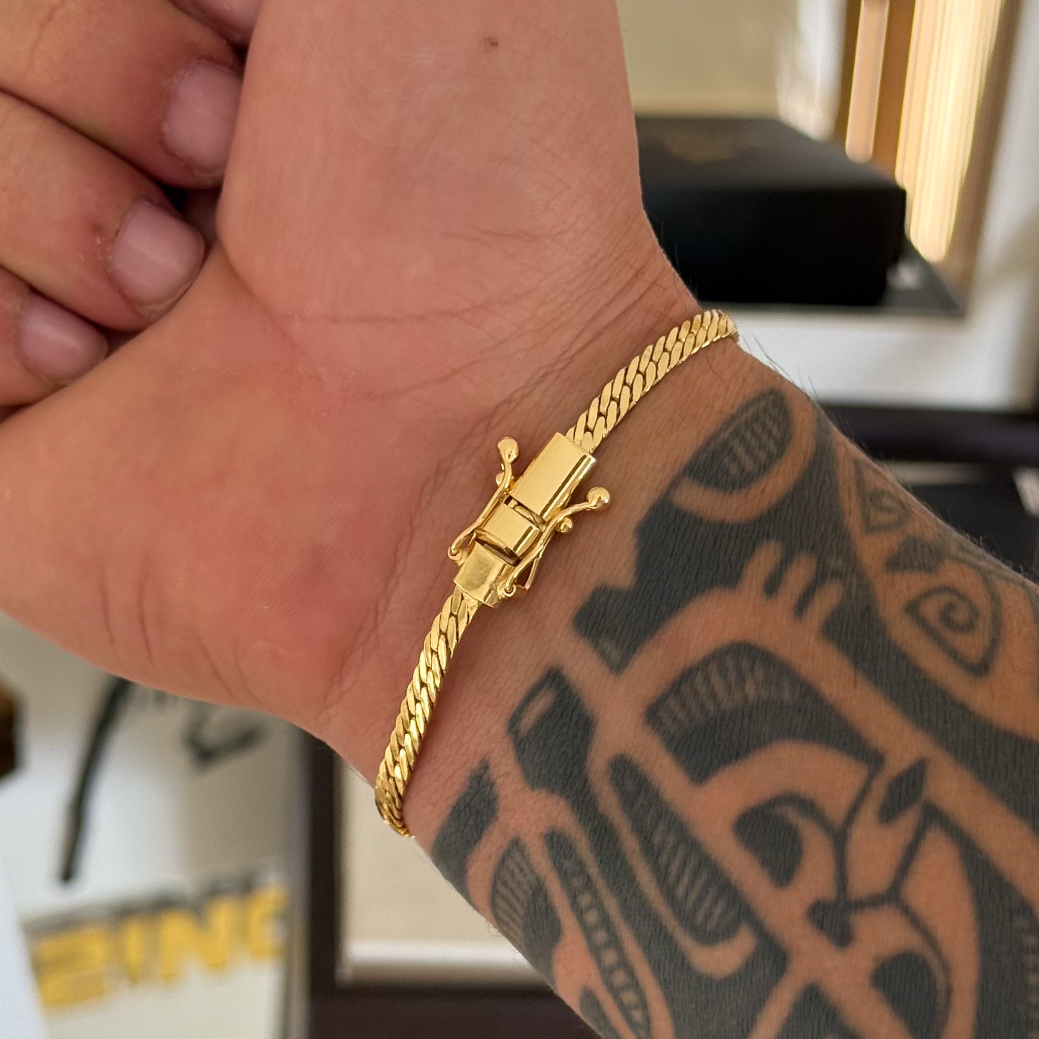 Kit Corrente e Pulseira Grumet Flat 4mm Fecho Duplo Banhado A Ouro 18k