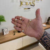 Kit Corrente e Pulseira Elo Português 2mm Trevo Safira Banhado A Ouro 18k