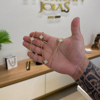 Kit Corrente e Pulseira Elo Português 2mm Trevo Safira Banhado A Ouro 18k