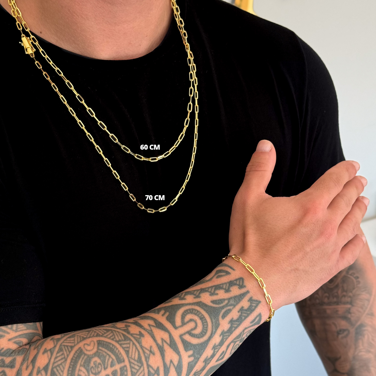 Kit Corrente e Pulseira Cadeado Alongado 4mm Fecho Duplo Banhado A Ouro 18k