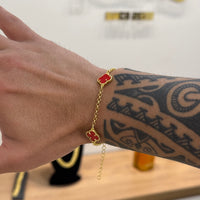 Pulseira Elo Português 2mm Trevo Rubi  Banhado A Ouro 18k