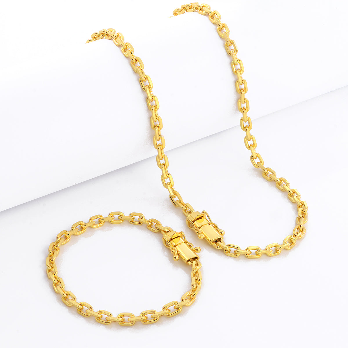 Kit Corrente e Pulseira Cadeado 5mm Fecho Duplo Banhado A Ouro 18k