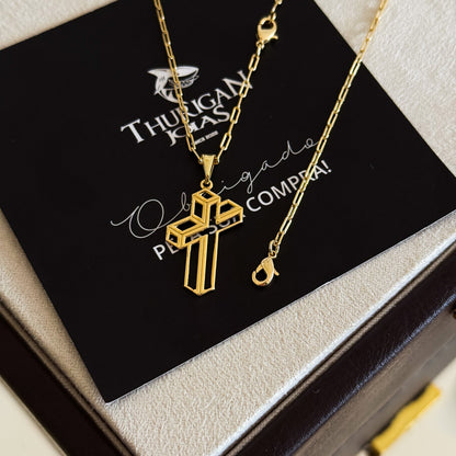 Colar Crucifixo 3D - Corrente e Pulseira Cadeado Alongado Banhado A Ouro 18k