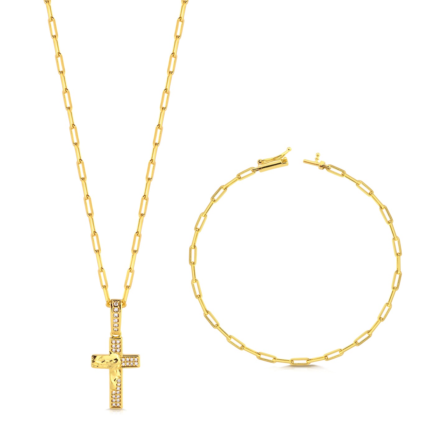 Colar Face De Cristo Cravejado P - Corrente e Pulseira Cadeado Alongado Banhado A Ouro 18k