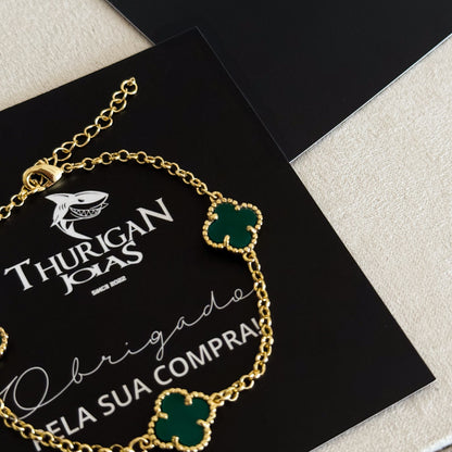 Pulseira Elo Português 2mm Trevo Esmeralda  Banhado A Ouro 18k