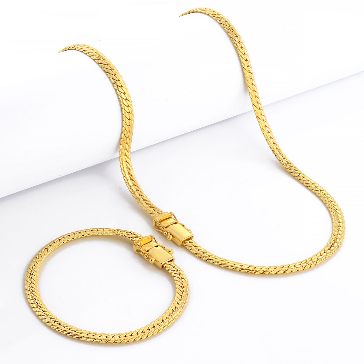Kit Corrente e Pulseira Grumet Flat Detalhada 6mm Fecho Duplo Banhado A Ouro 18k