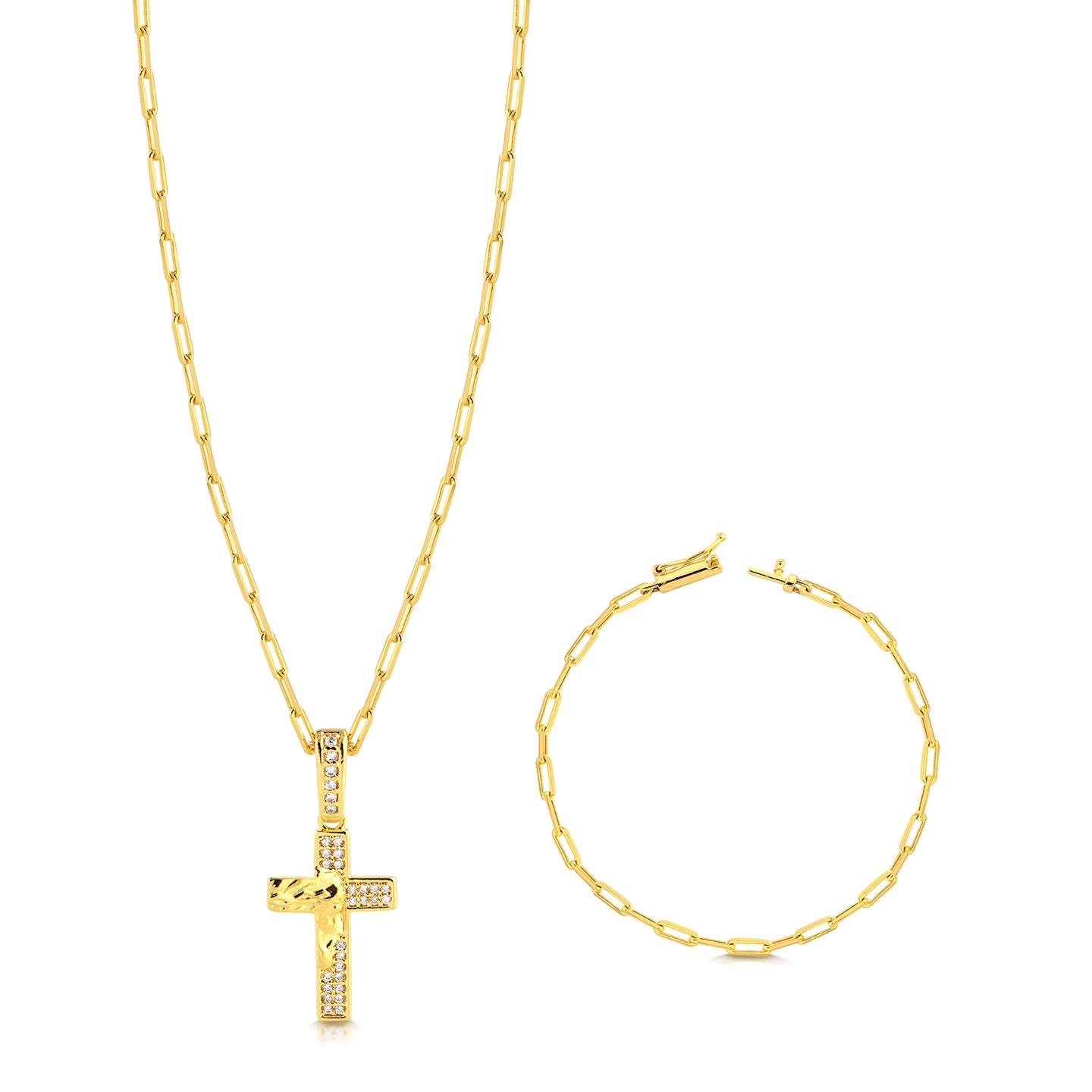 Colar Crucifixo Face De Cristo Cravejado - Corrente e Pulseira Cadeado Alongado Banhado A Ouro 18k