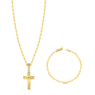 Colar Crucifixo Face De Cristo Cravejado - Corrente e Pulseira Cadeado Alongado Banhado A Ouro 18k