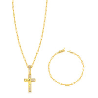 Colar Crucifixo Face De Cristo Cravejado - Corrente e Pulseira Cadeado Alongado Banhado A Ouro 18k