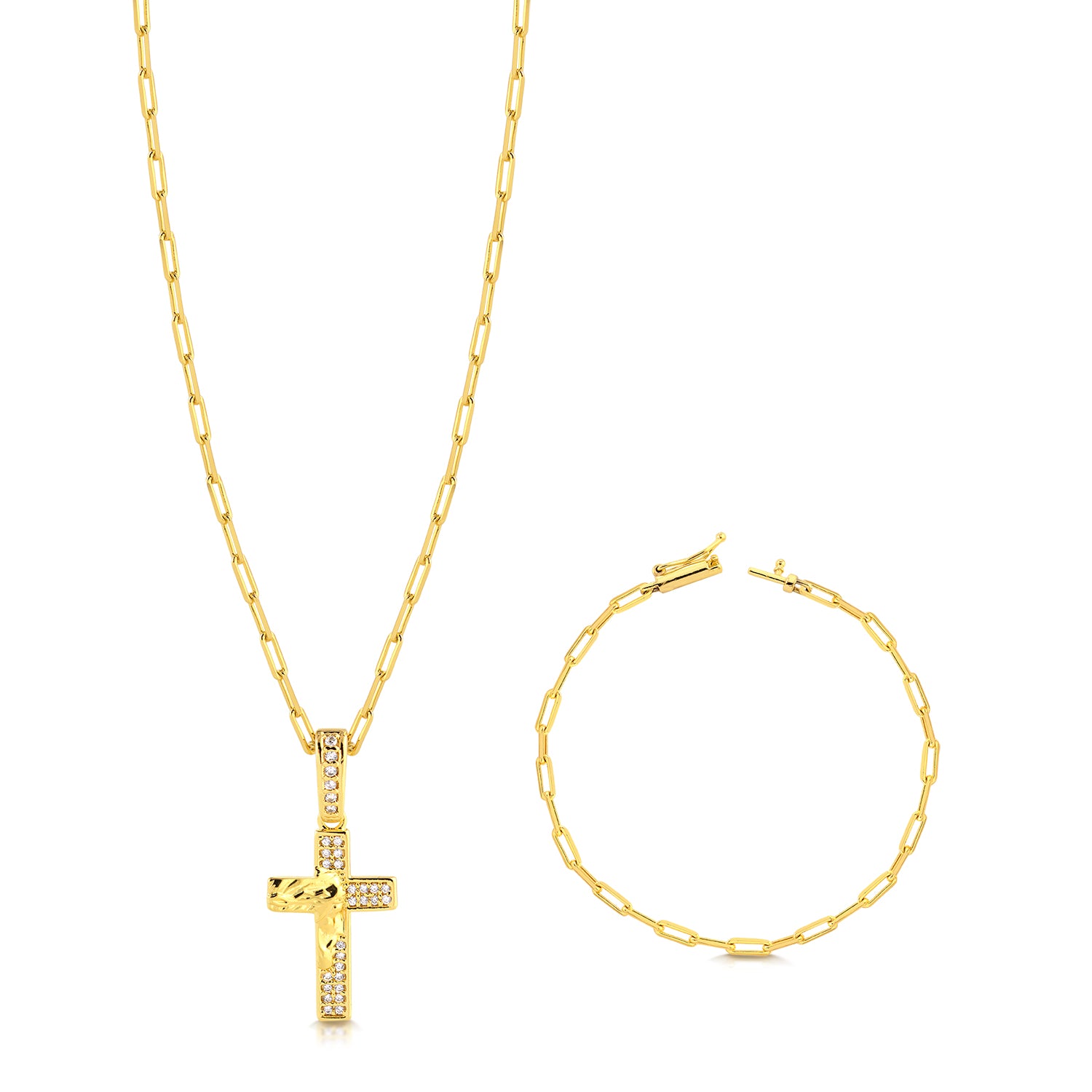 Colar Crucifixo Face De Cristo Cravejado - Corrente e Pulseira Cadeado Alongado Banhado A Ouro 18k