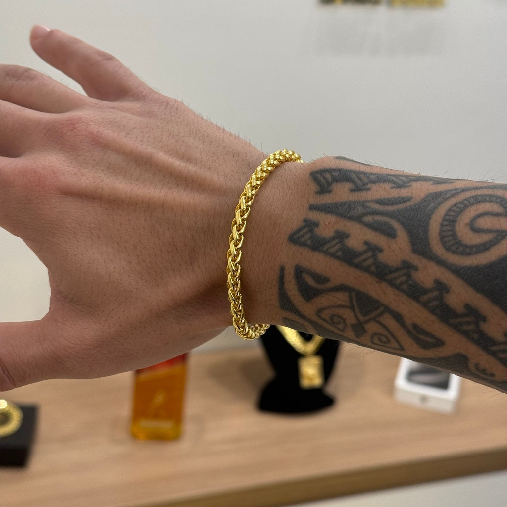 Kit Corrente e Pulseira Palmeira 5mm Fecho Bomba Banhado A Ouro 18k