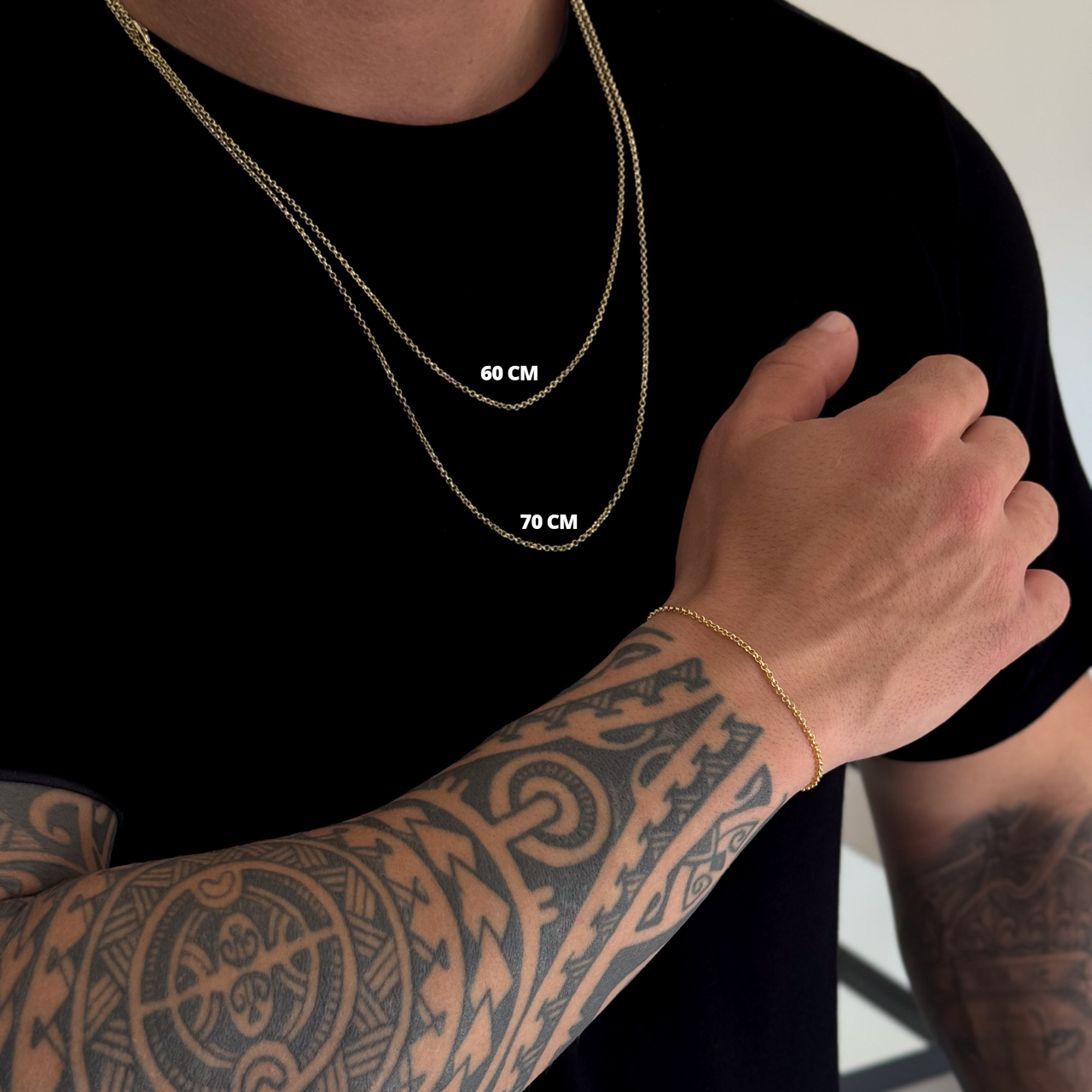 Kit Corrente e Pulseira Elo Português 1,5mm Fecho Lagosta Banhado A Ouro 18k