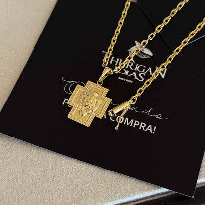 Colar Crucifixo Leão Judá - Corrente e Pulseira Cadeado 2mm Banhado A Ouro 18k