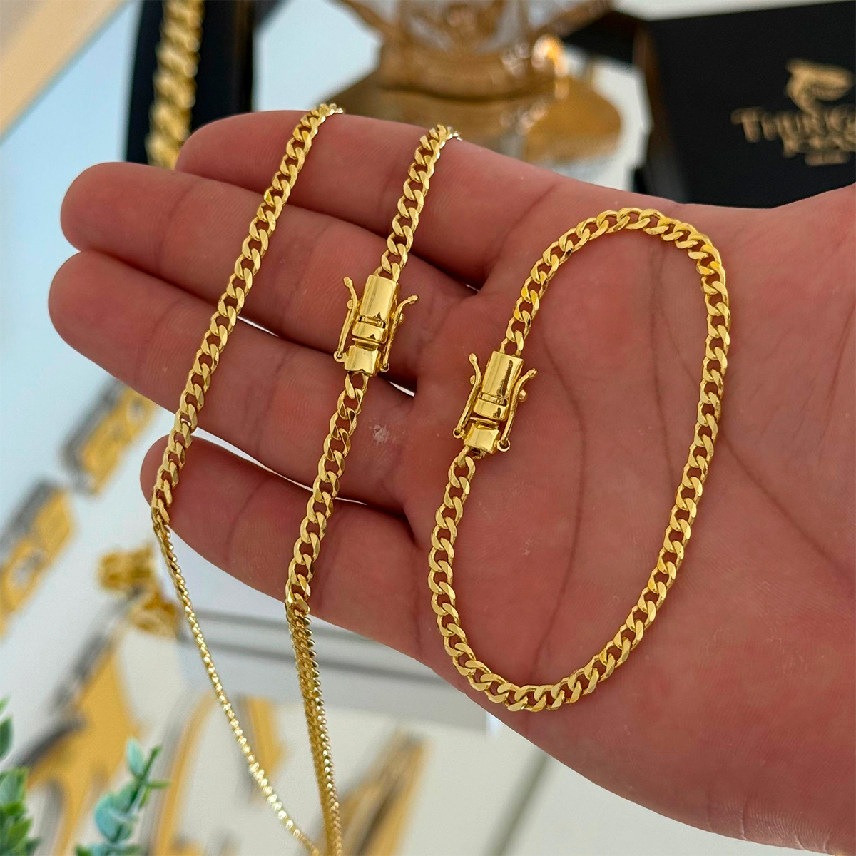 Kit Corrente e Pulseira Grumet 4mm Fecho Duplo Banhado A Ouro 18k