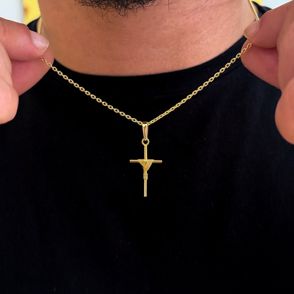 Colar Crucifixo Palito P - Corrente Cadeado e Pulseira Cadeado Alongado Banhado A Ouro 18k